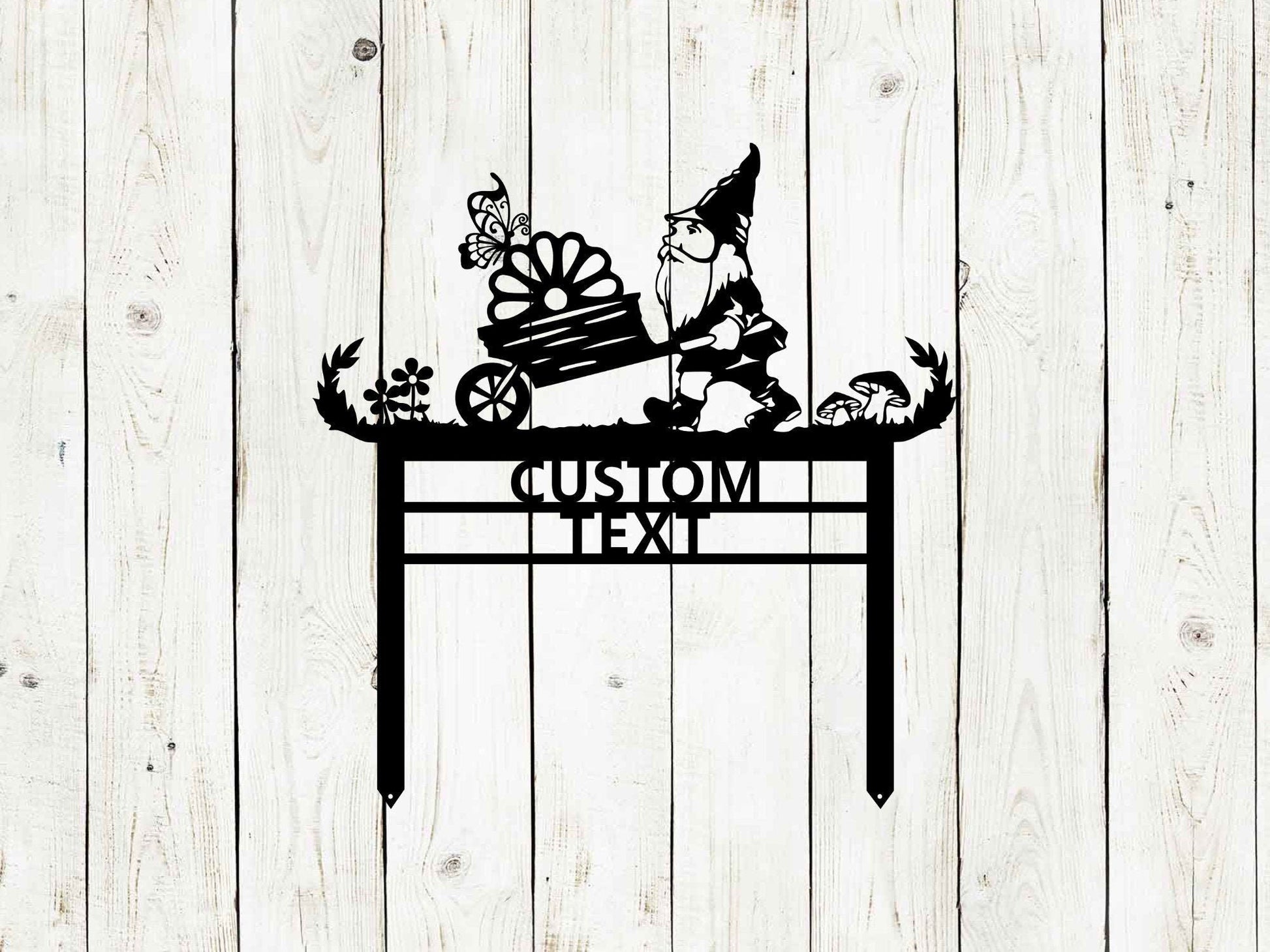 Black custom garden gnome sign by Lewis Design Company, outdoor patio and garden decor, 17x17 inch artistic garden art piece.
