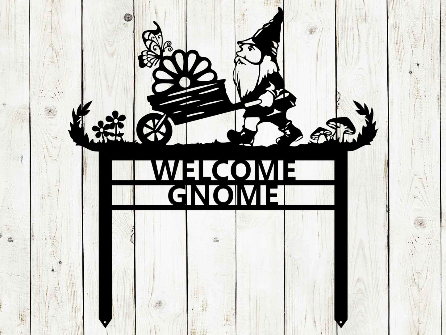 Black outdoor garden gnome sign by Lewis Design Company, 17x17 inches, decorative patio and garden art for outdoor spaces.