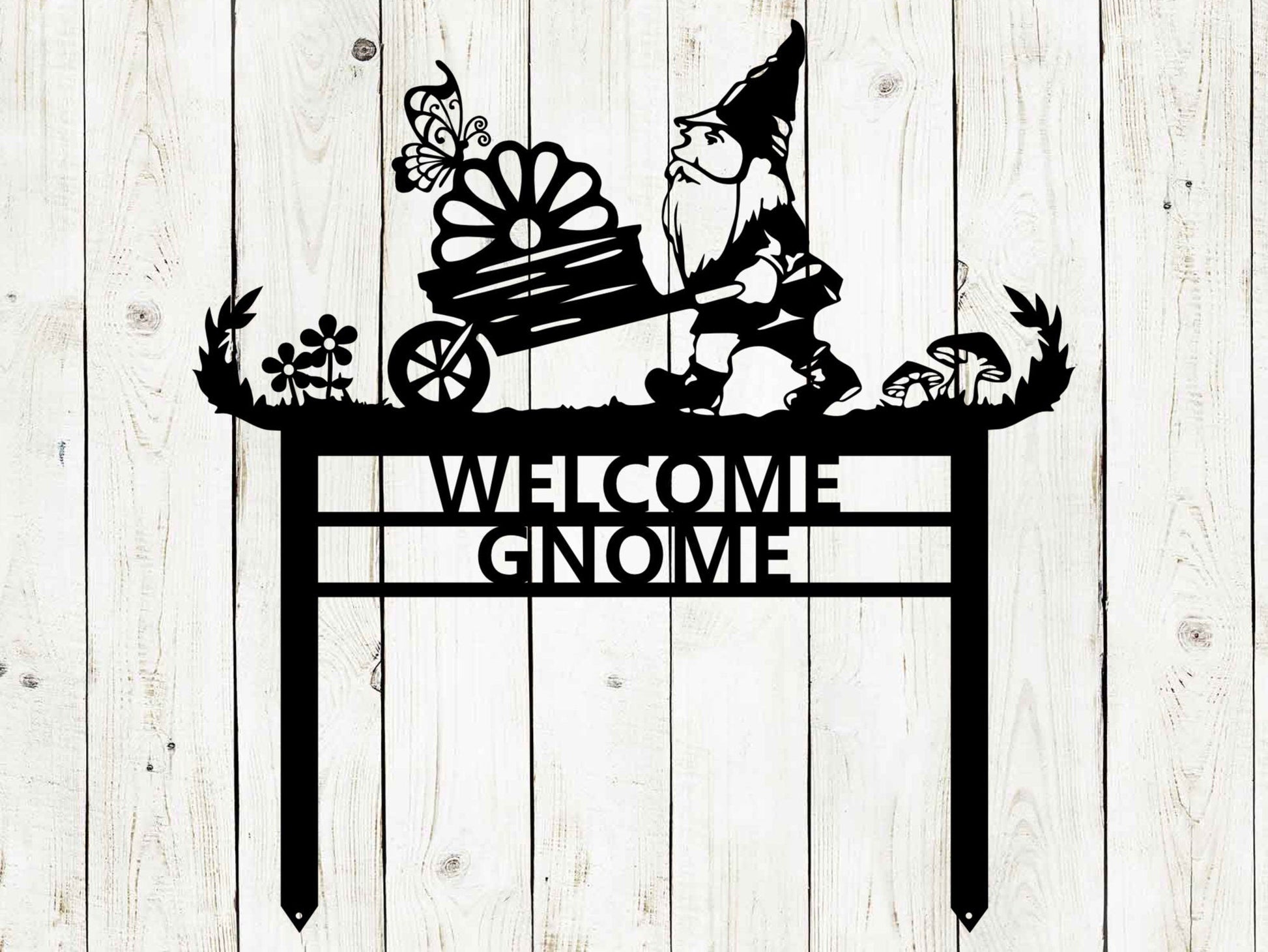 Black outdoor garden gnome sign by Lewis Design Company, 17x17 inches, decorative patio and garden art for outdoor spaces.