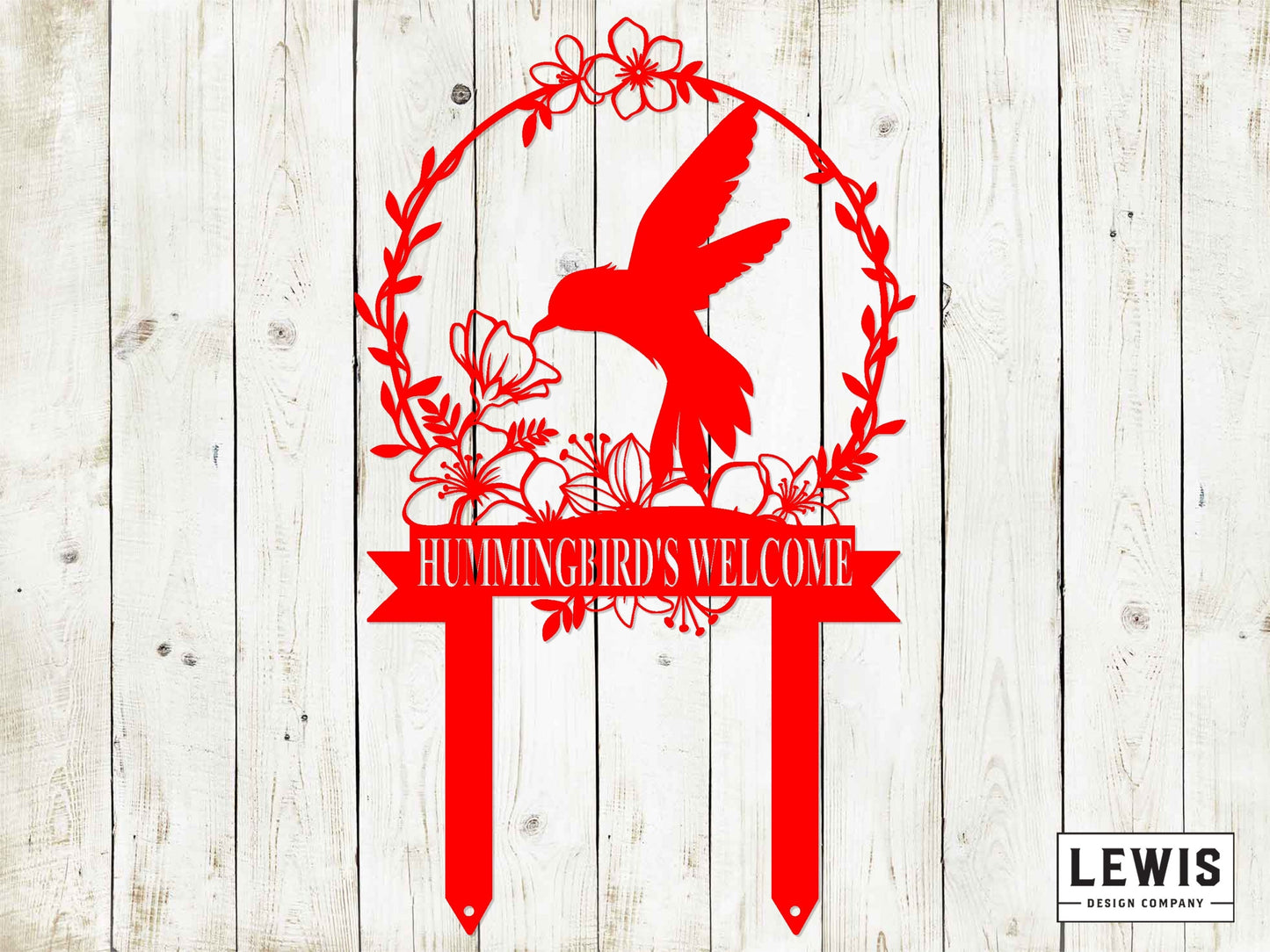 Black metal hummingbird garden stake by Lewis Design Company, decorative outdoor patio and garden art for yard decor.
