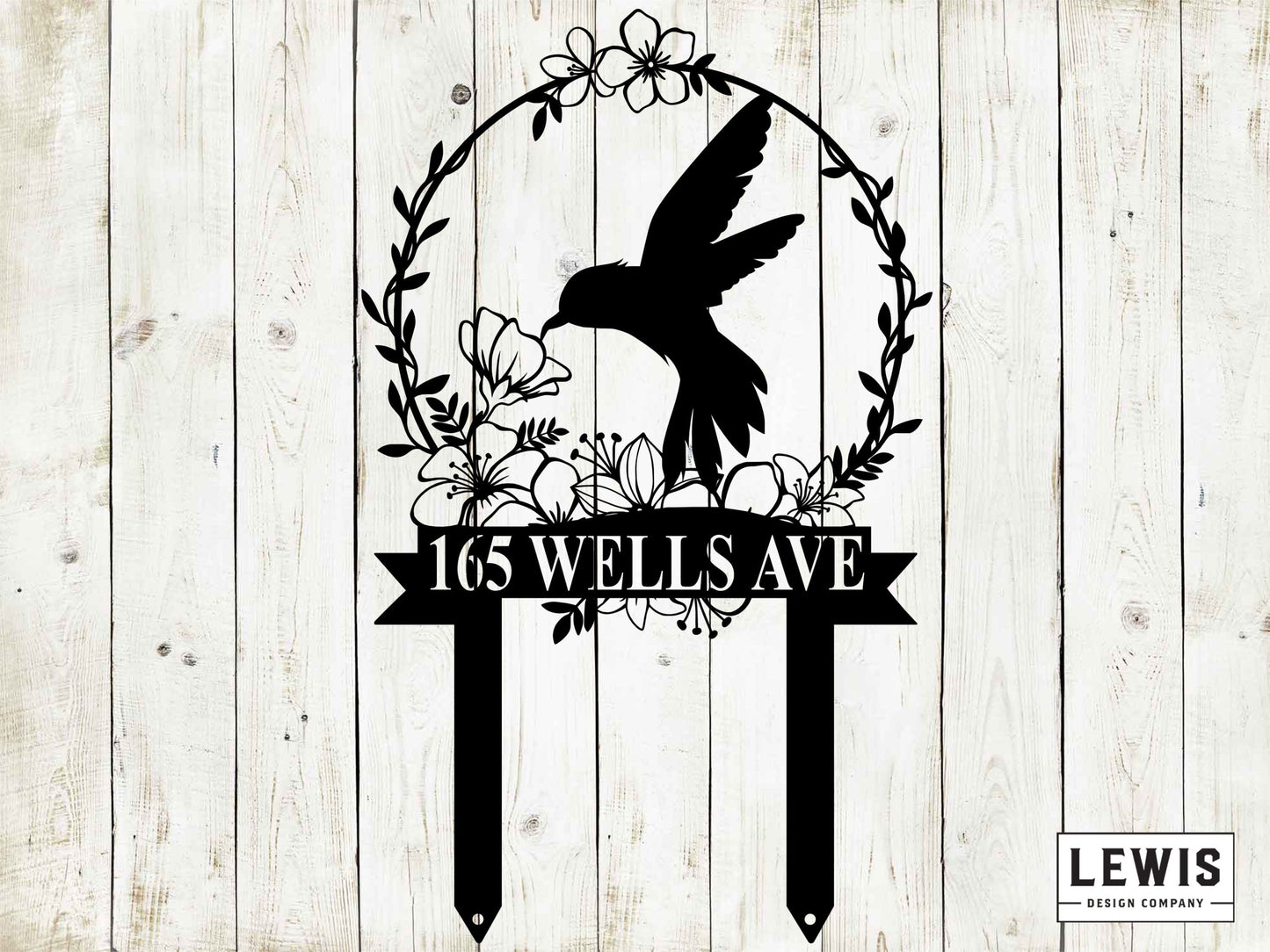 Black metal hummingbird garden stake by Lewis Design Company, 20x12 inches, outdoor patio and garden decor art piece.