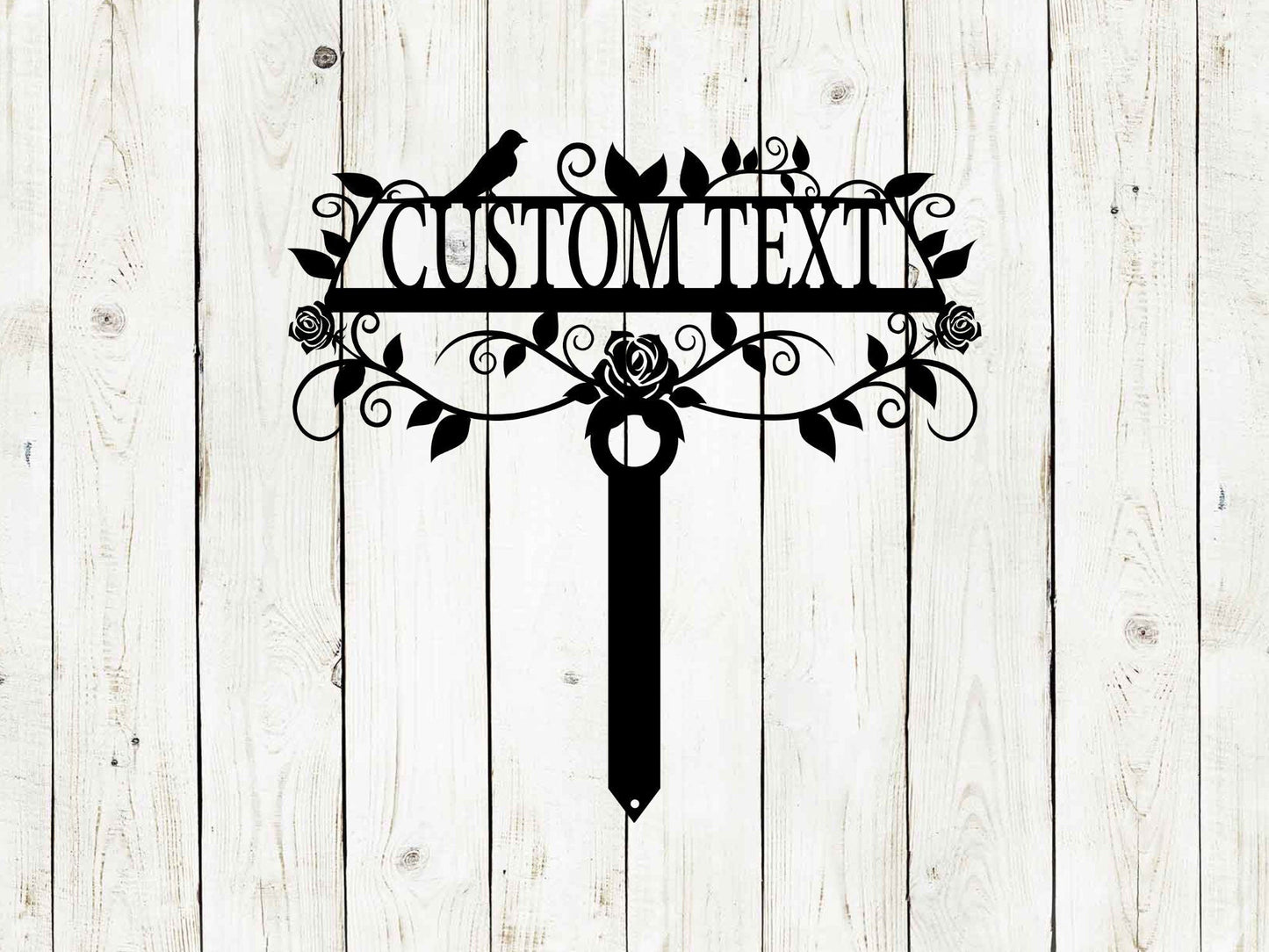 Black 20x20 custom garden sign from Lewis Design Company featuring "Rose Garden" for outdoor patio and garden decor.