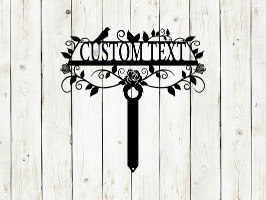 Black 20x20 custom garden sign from Lewis Design Company featuring "Rose Garden" for outdoor patio and garden decor.