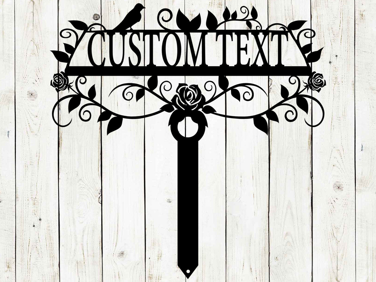 Black 20x20 custom garden sign from Lewis Design Company featuring "Rose Garden" outdoor patio and garden art.