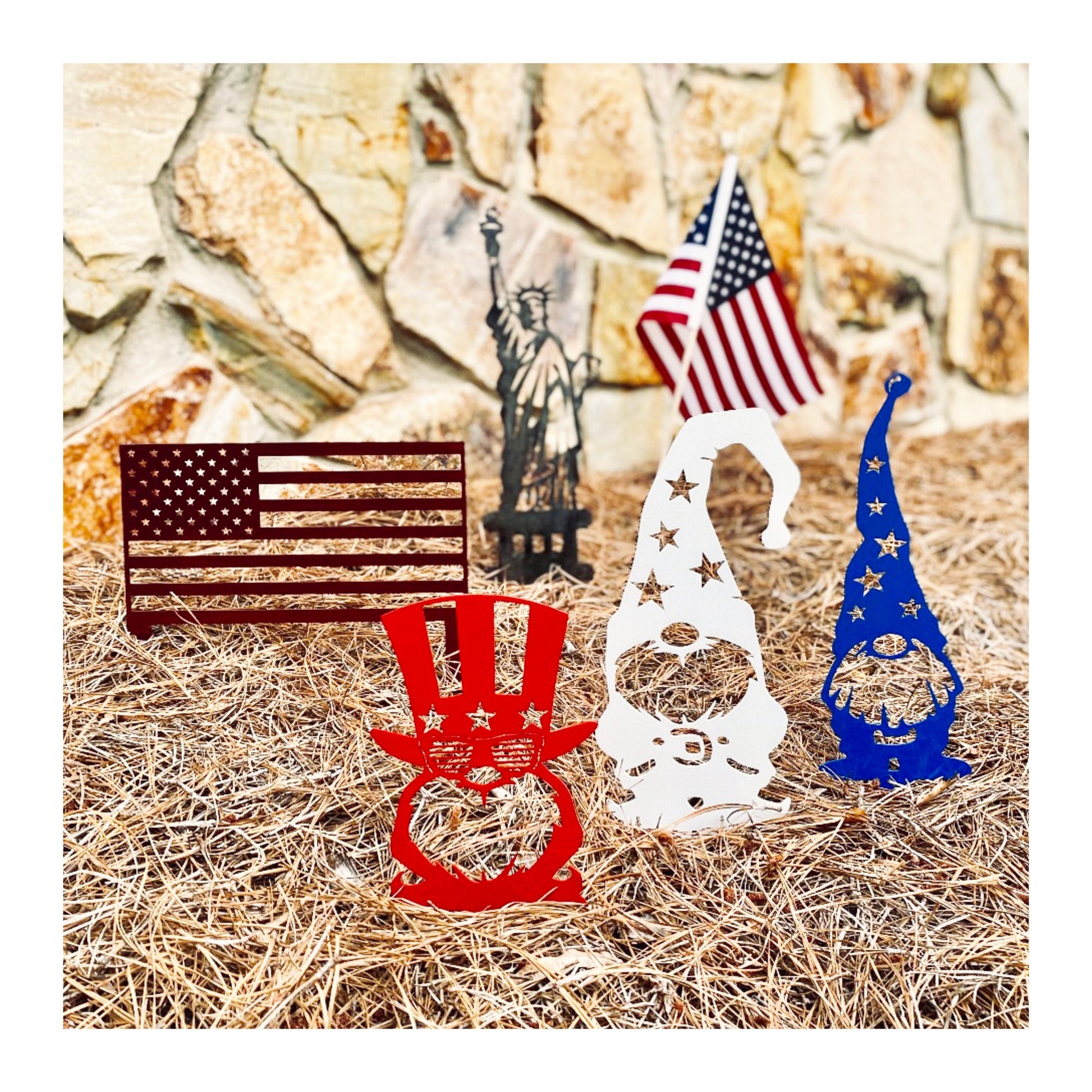 Black metal Statue of Liberty garden stake, outdoor patriotic yard art for 4th of July, garden sign, Lewis Design Company.