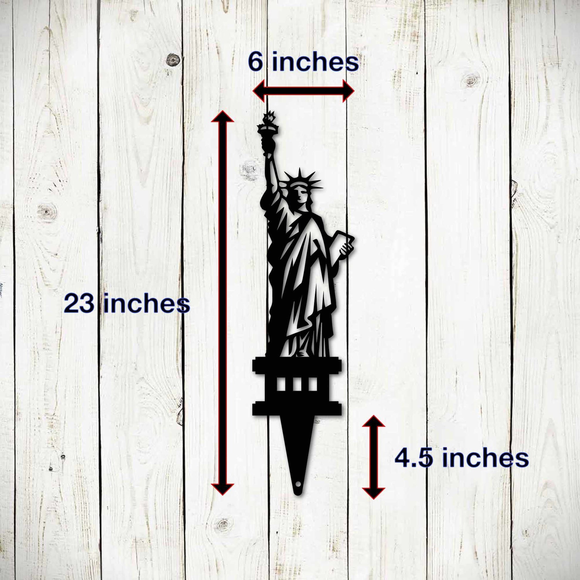 Black Statue of Liberty garden stake by Lewis Design Company, outdoor patio and patriotic yard art for 4th of July celebrations.