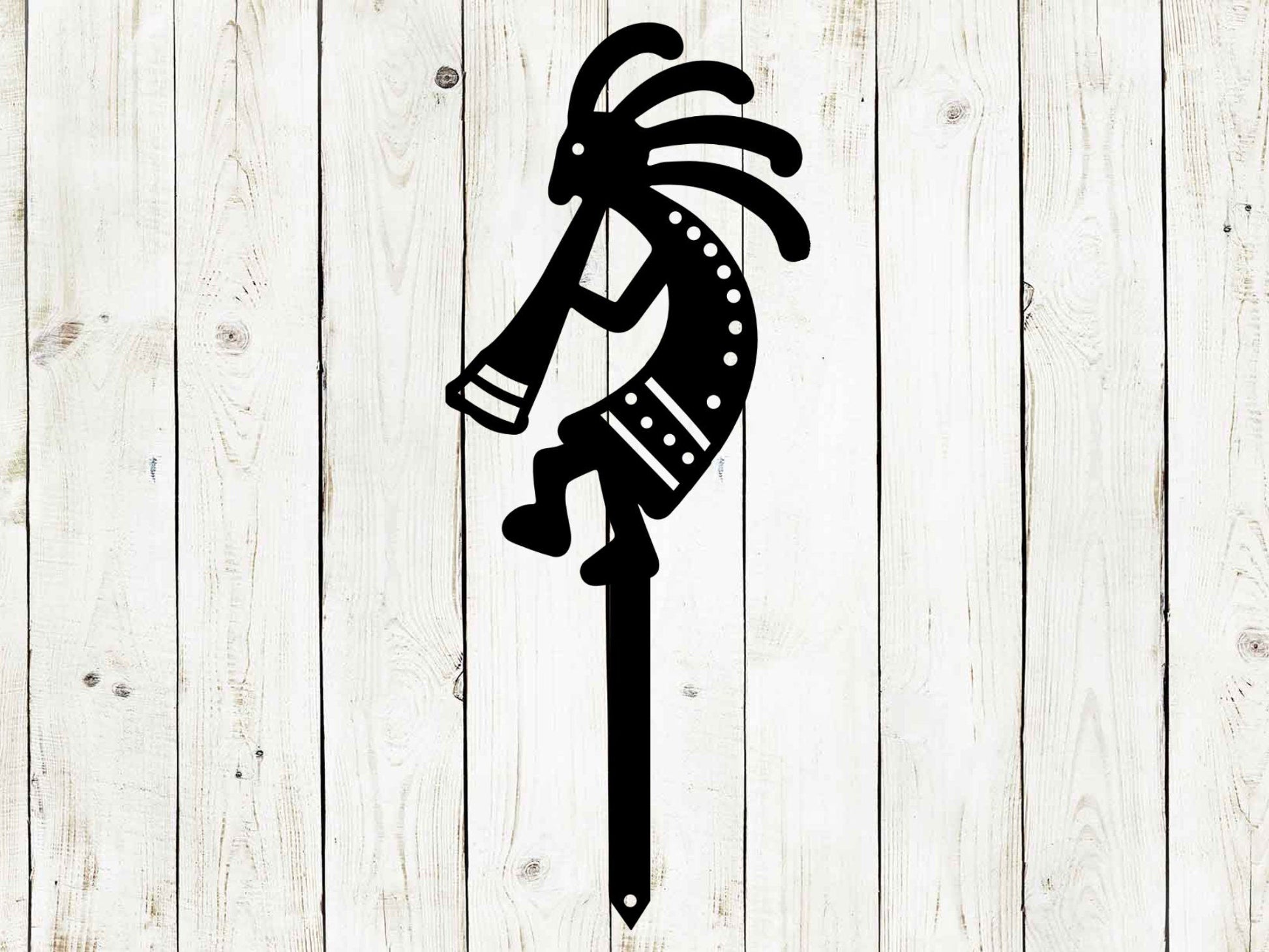 Black Kokopelli metal yard stake by Lewis Design Company, outdoor garden decor and wall art for patio and yard.