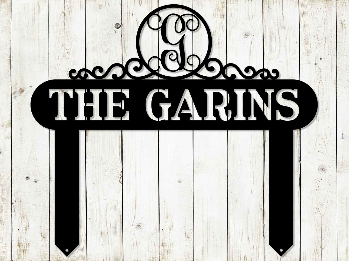 Black Monogram Scroll Yard and Garden Sign by Lewis Design Company, outdoor patio and garden art, 22x19 inches, decorative metal design.