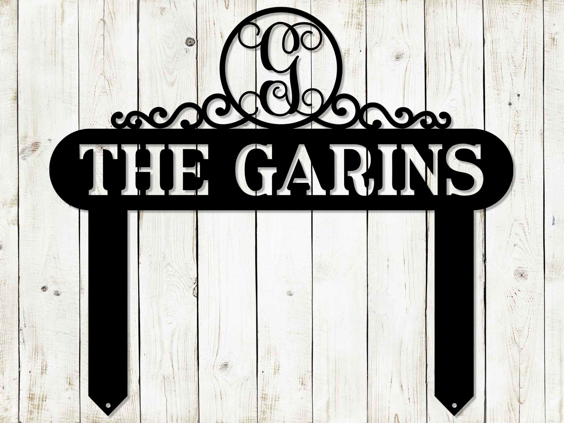 Black Monogram Scroll Yard and Garden Sign by Lewis Design Company, outdoor patio and garden art, 22x19 inches, decorative metal design.