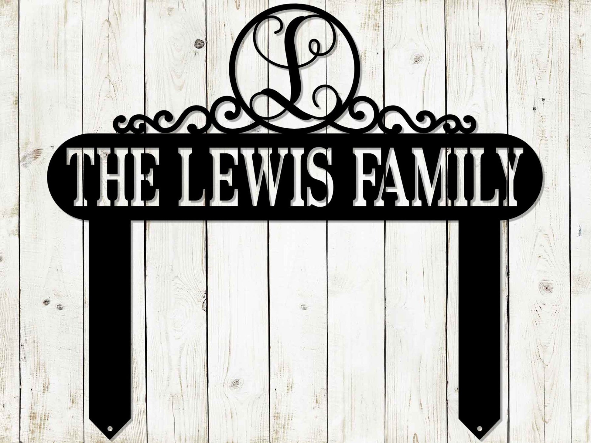 Black Monogram Scroll Yard and Garden Sign by Lewis Design Company, outdoor patio art with elegant scroll design, 22x19 inches.