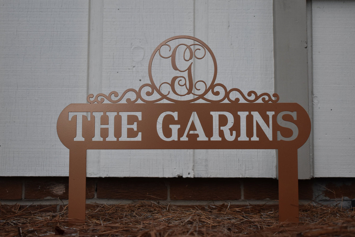 Black Monogram Scroll Yard and Garden Sign by Lewis Design Company, outdoor patio and garden art, 22x19 inches