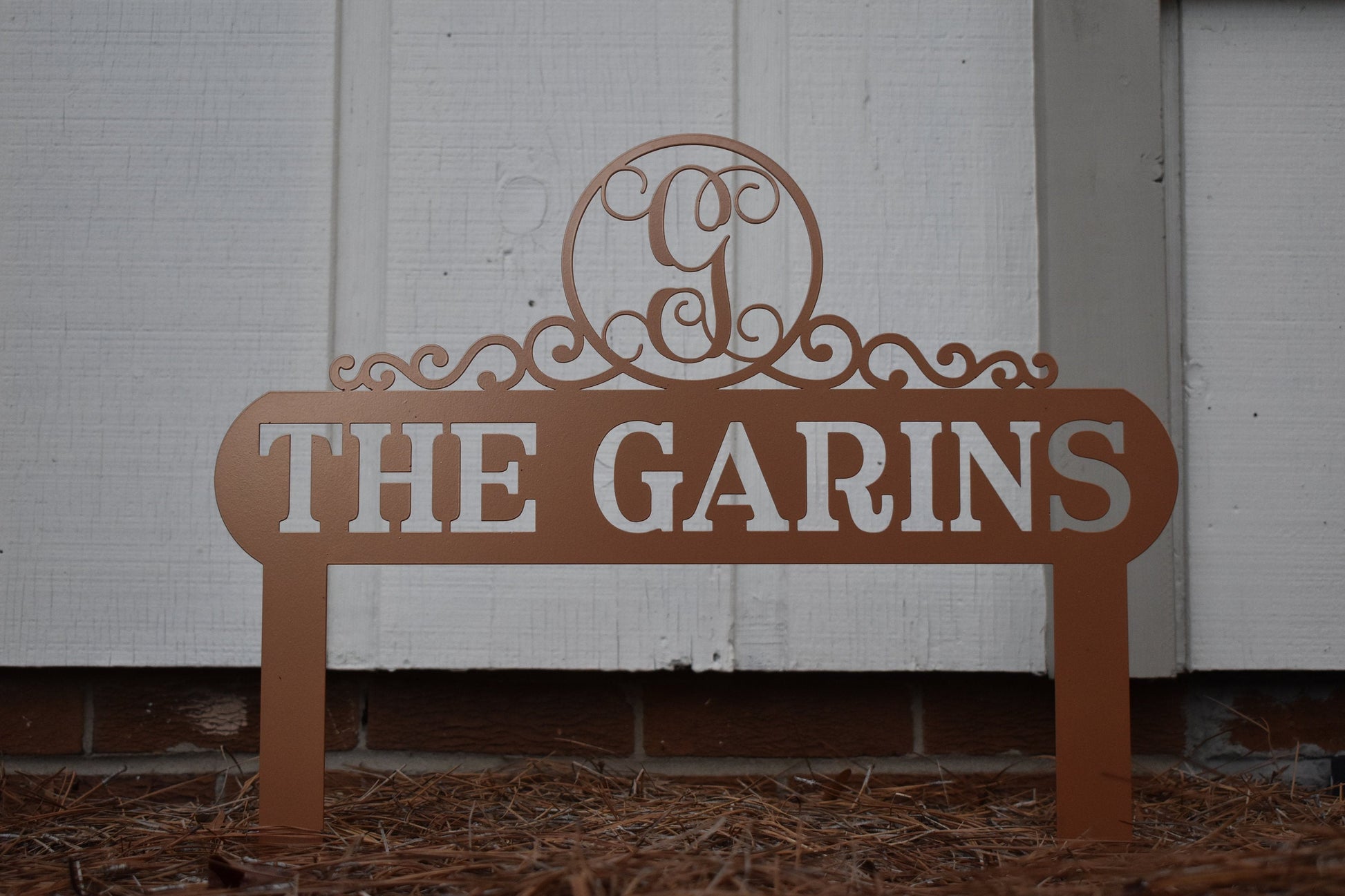 Black Monogram Scroll Yard and Garden Sign by Lewis Design Company, outdoor patio and garden art, 22x19 inches