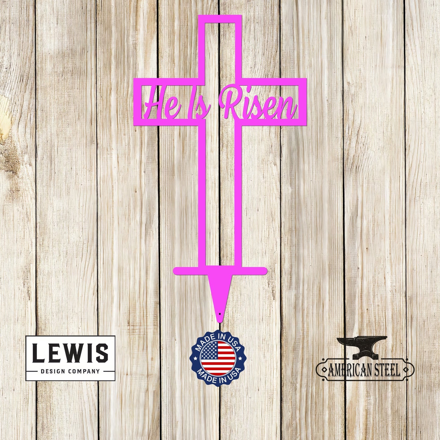 Pastel blue He Is Risen cross metal garden sign by Lewis Design Company, outdoor Easter yard decor, 8x4 inches.