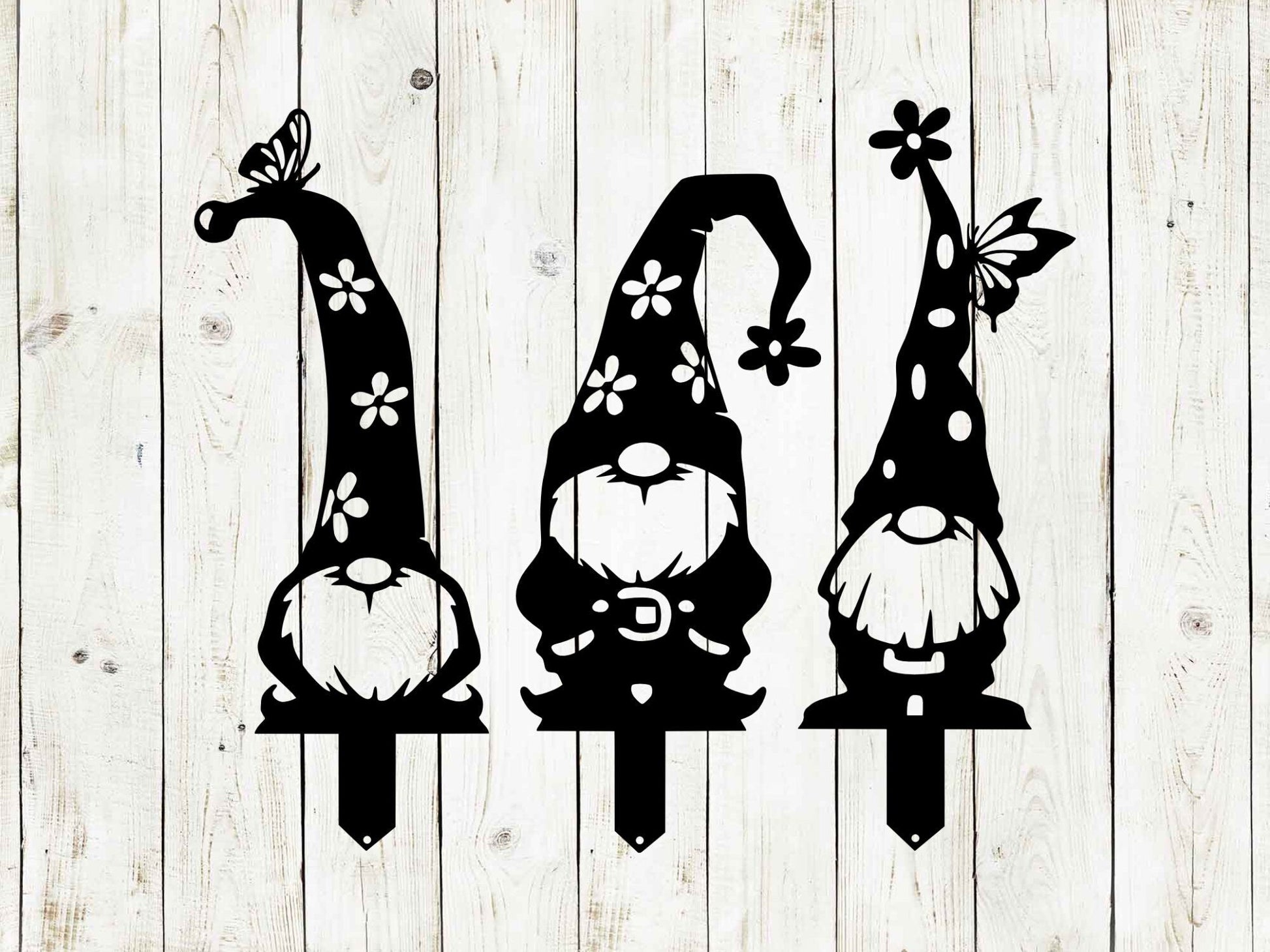 Lewis Design Company metal garden gnome stakes and signs, outdoor patio and garden art, black gnome-themed yard decor.