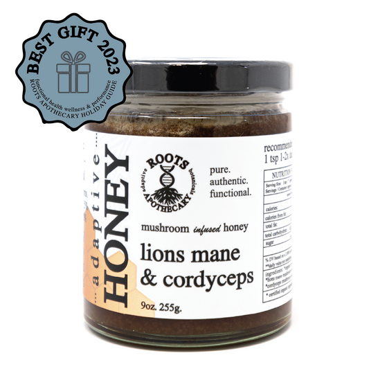 Roots Apothecary adaptive honey with lion's mane and cordyceps mushrooms jar product image