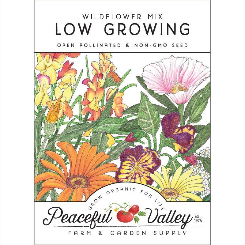 Low-growing wildflower mix pack by Grow Organic, featuring vibrant flower seeds ideal for ground cover and garden borders.