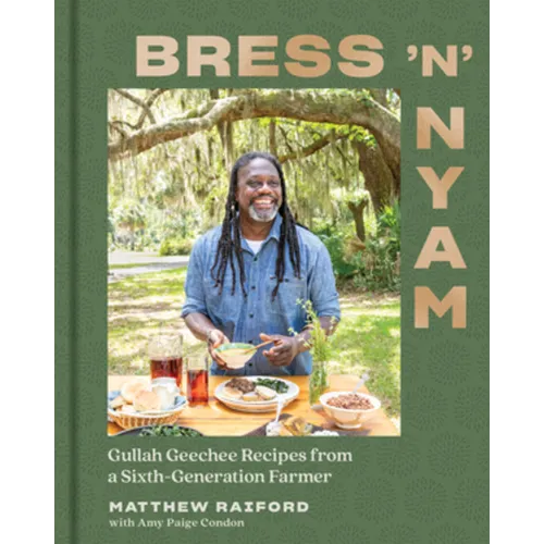 Hardcover book titled "Bress 'n' Nyam" featuring Gullah Geechee recipes from a sixth-generation farmer, with colorful cover art.