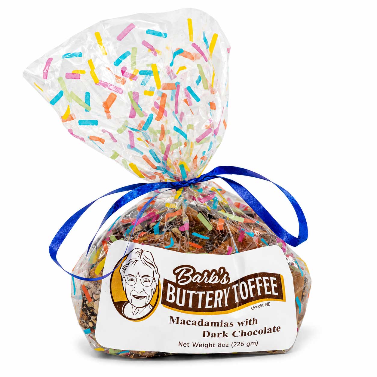 Homemade dark chocolate toffee with macadamia nuts from Barb's Buttery Toffee, 8 oz, featuring rich chocolate and crunchy nuts.