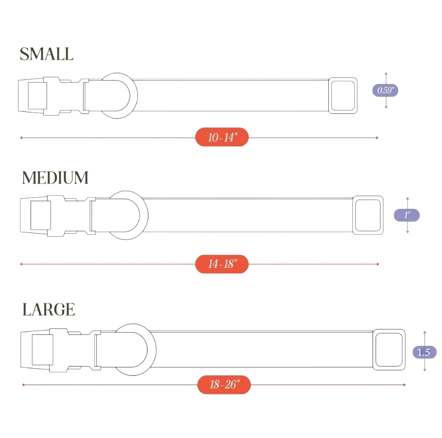 Hemp cotton dog collar by Tilley + Me with size guide, adjustable and lightweight, showing soft, durable collar for pets.