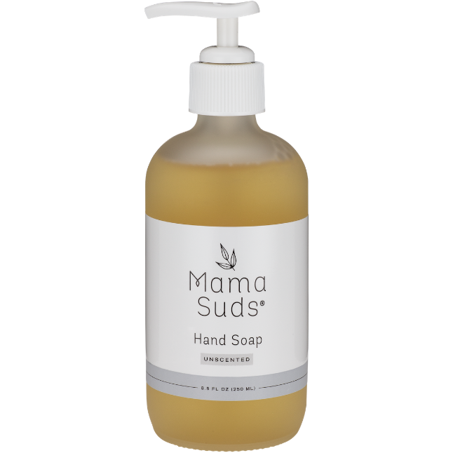 MamaSuds Hand Soap comes in an 8.5 fl oz (250 ml) clear bottle with a white pump and label featuring black text and a simple leaf design. This real, unscented soap is biodegradable.