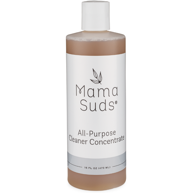 A 16 fl oz (473 mL) bottle of MamaSuds All-Purpose Cleaner CONCENTRATE features a white label, clear cap, and brown liquid—an eco-friendly, non-toxic cleaning solution.