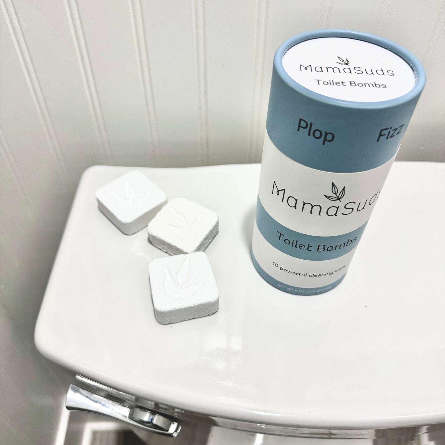 MamaSuds Toilet Bomb cleaning tabs in a tube, non-toxic household toilet cleaner for fresh, natural bathroom cleaning.