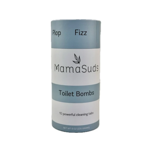 MamaSuds Toilet Bomb Cleaning Tabs | Non-toxic Toilet Cleaner: Cylindrical container holds 10 tabs with citric acid, NET WT 8 OZ (226g), blue and white label.