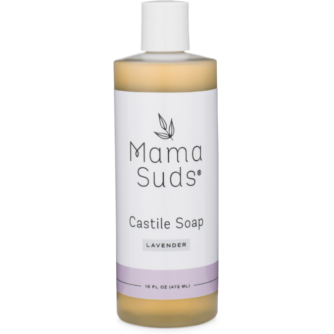 A 16 fl oz (473 ml) bottle of MamaSuds Castile Liquid Soap, featuring a white label with black text and lavender accent, is scented with pure essential oils in Lavender scent.