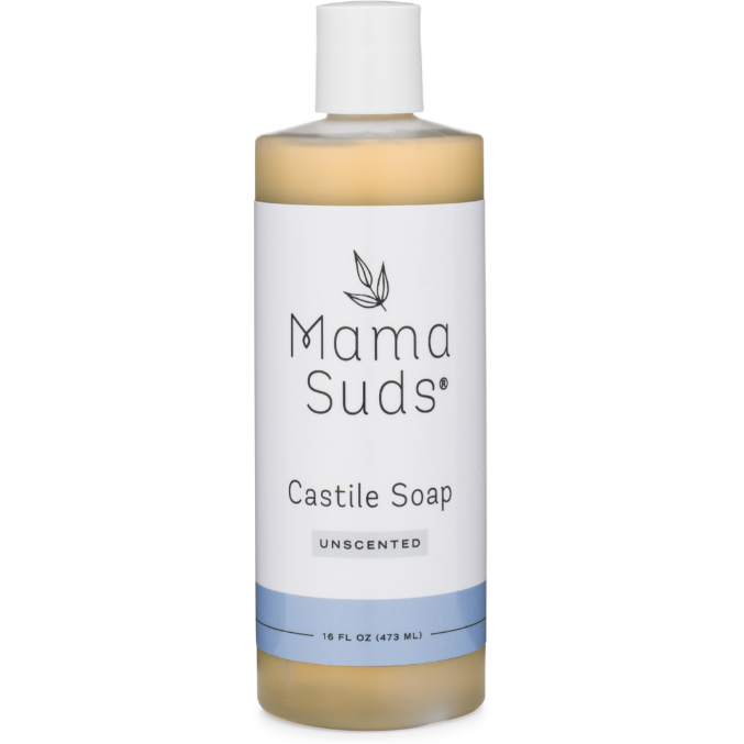 A 16 fl oz (473 ml) bottle of MamaSuds Castile Liquid Soap, unscented, with a white label and blue accent bottom, plus a white cap—perfect for versatile cleaning needs.