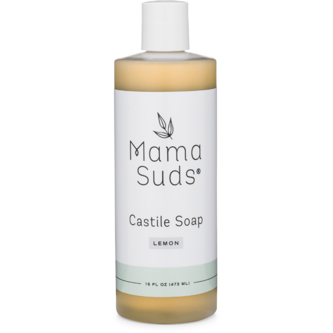 A 16 fl oz (473 ml) clear bottle of MamaSuds Castile Liquid Soap, yellowish in color with a refreshing lemon scent, made from pure essential oils. Features a white label and white cap.