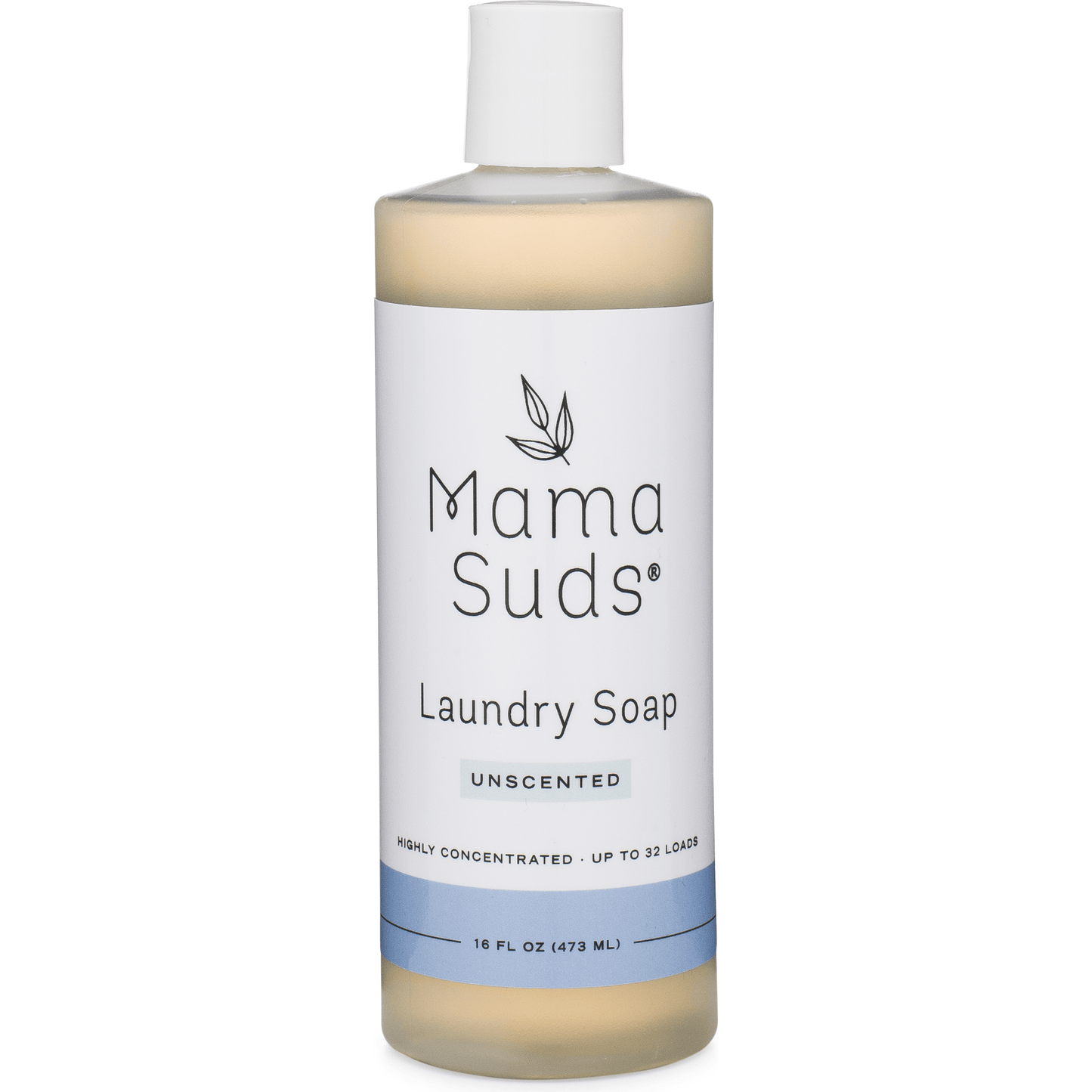 A 16 fl oz (473 ml) bottle of MamaSuds Laundry Detergent Soap with a white label, black text, and clear cap. This eco-friendly, nontoxic formula is highly concentrated to clean up to 32 loads.
