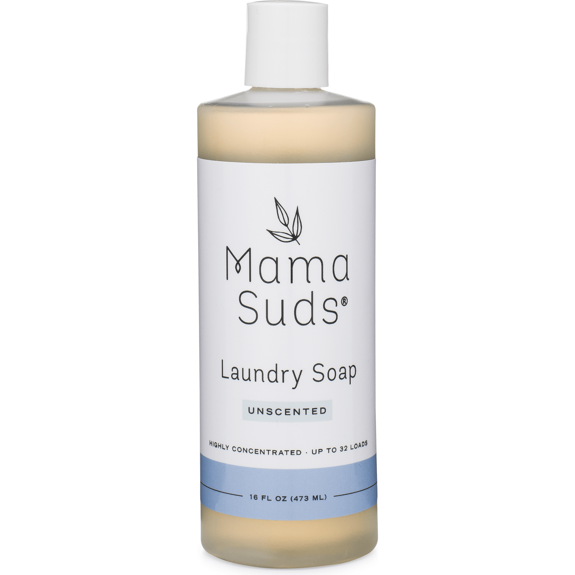 A 16 fl oz (473 ml) bottle of MamaSuds Laundry Detergent Soap with a white label, black text, and clear cap. This eco-friendly, nontoxic formula is highly concentrated to clean up to 32 loads.