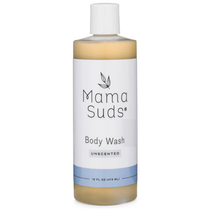 A 16 fl oz bottle of MamaSuds Body Wash Soap with a white cap, clear liquid, and a white label featuring black text and light blue accents.