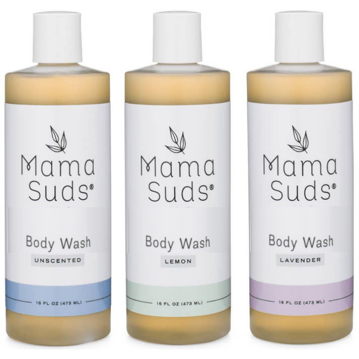 Three bottles of MamaSuds Body Wash Soap—each 16 fl oz—are shown in unscented, lemon, and lavender scents. The bottles have simple white labels with colored accents at the bottom, and are made with pure castile soap and saponified olive oil.