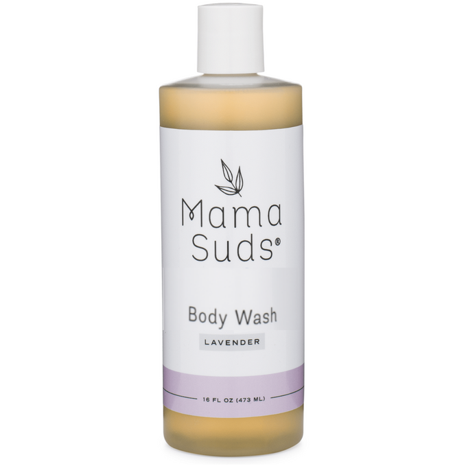 A 16 fl oz bottle of MamaSuds Body Wash Soap with pure castile soap from saponified olive oil, featuring a white label, black text, and a purple stripe at the bottom.