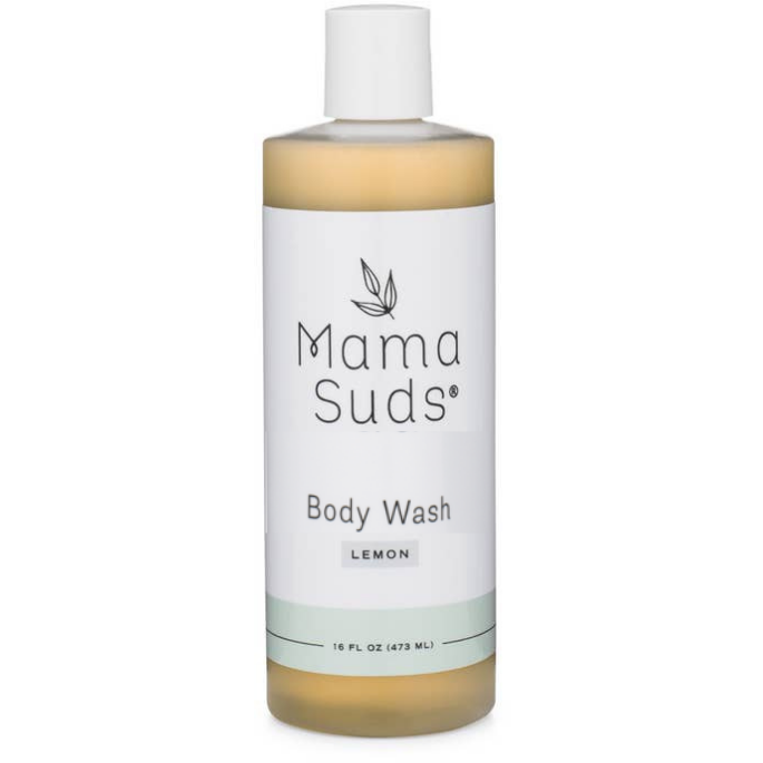 MamaSuds Body Wash Soap in Lemon scent, made with pure castile soap and essential oils. Features a white label with black text, light blue stripe, and contains 16 fl oz (473 ml) of product.