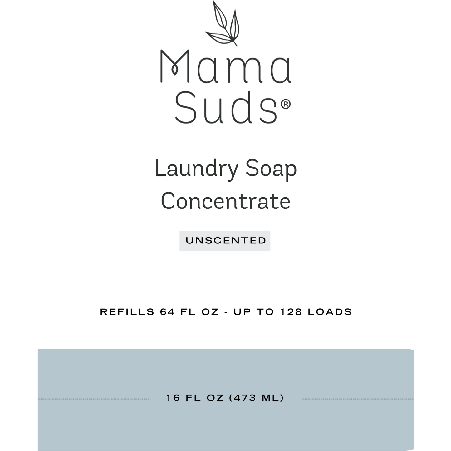 MamaSuds Laundry Soap Concentrate Pouch is unscented, biodegradable, and eco-friendly. The 64 fl oz pouch refills up to 128 loads. Shown: 16 fl oz (473 ml) bottle. Available in recyclable packaging for sustainable laundry care.