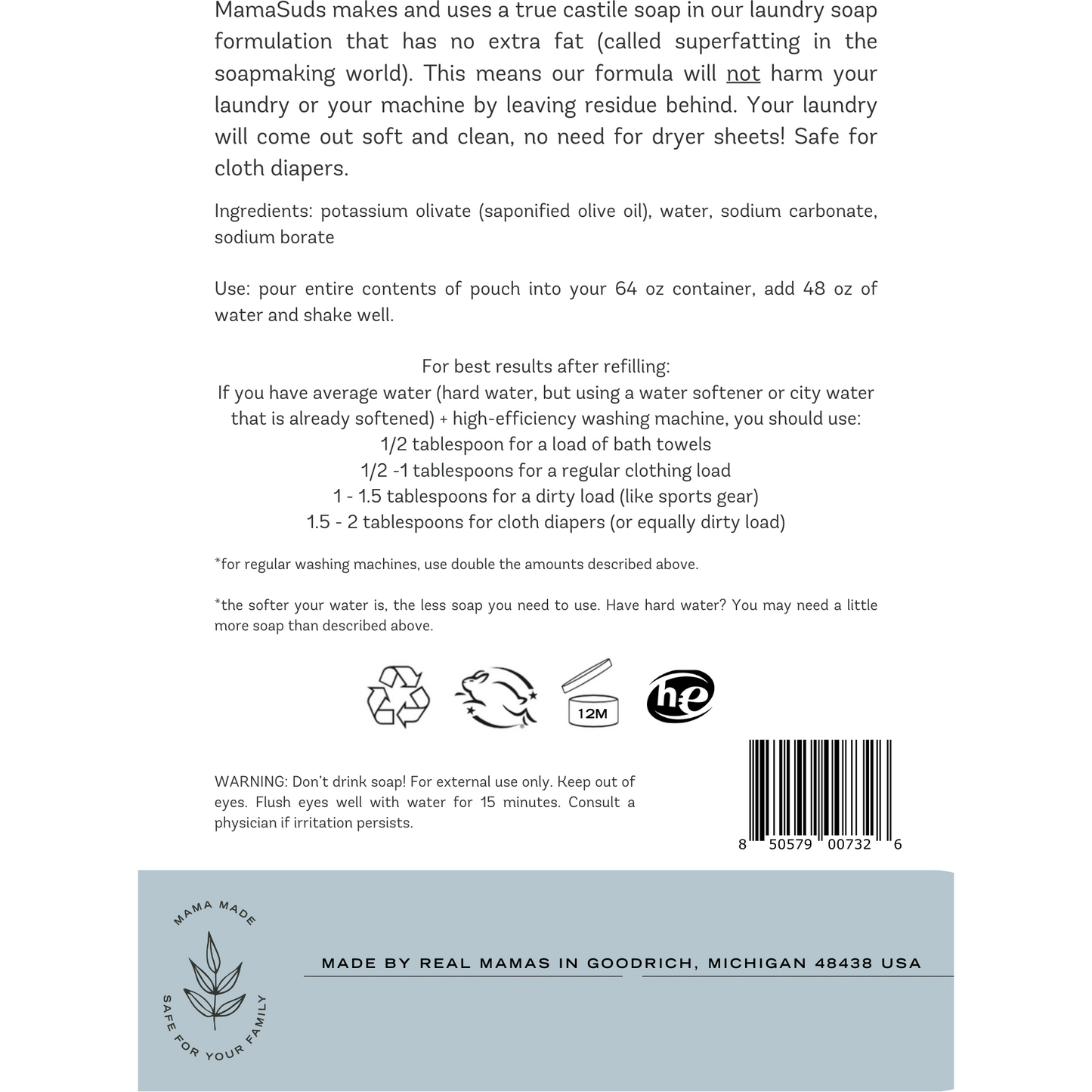 Back label of MamaSuds Laundry Soap Concentrate Pouch with usage directions, ingredients, cautions, manufacturer info, round “Mama Made. Water Your Planet” logo, barcode, and a note about our recyclable pouch option.