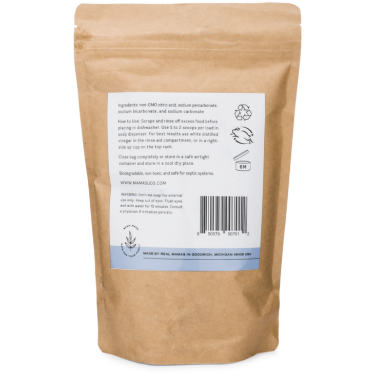 A brown resealable pouch with a white back label lists ingredients, usage directions, recycling icons, and barcode. The label features MamaSuds Automatic Dishwasher Powder—nontoxic, eco-friendly, biodegradable—plus warning, website, and manufacturer address.