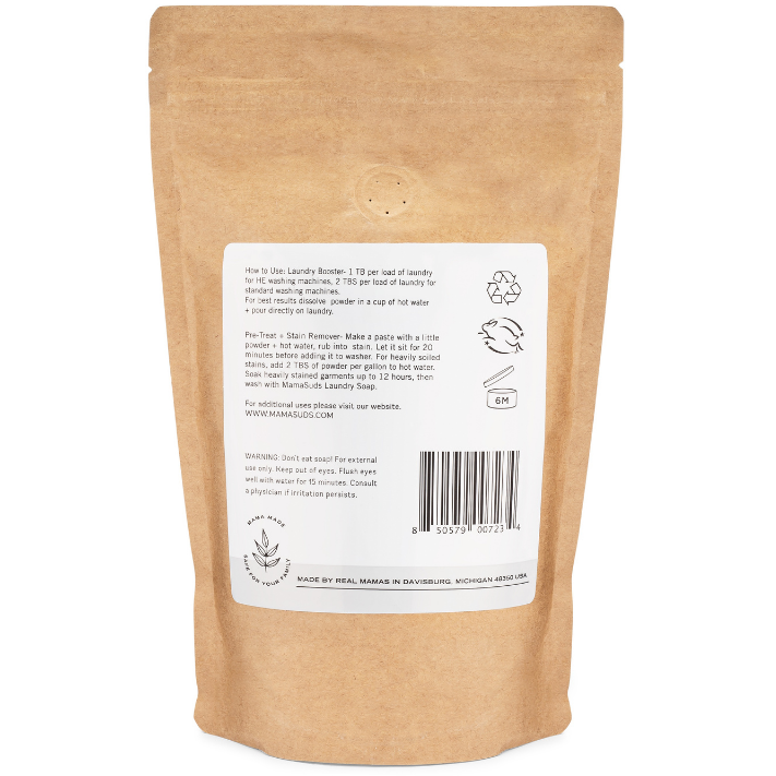 A brown resealable pouch of MamaSuds Extra Strength Oxygen Powder stands upright on a white background. The back white label displays usage instructions, recycling icons, a barcode, and the brand website.