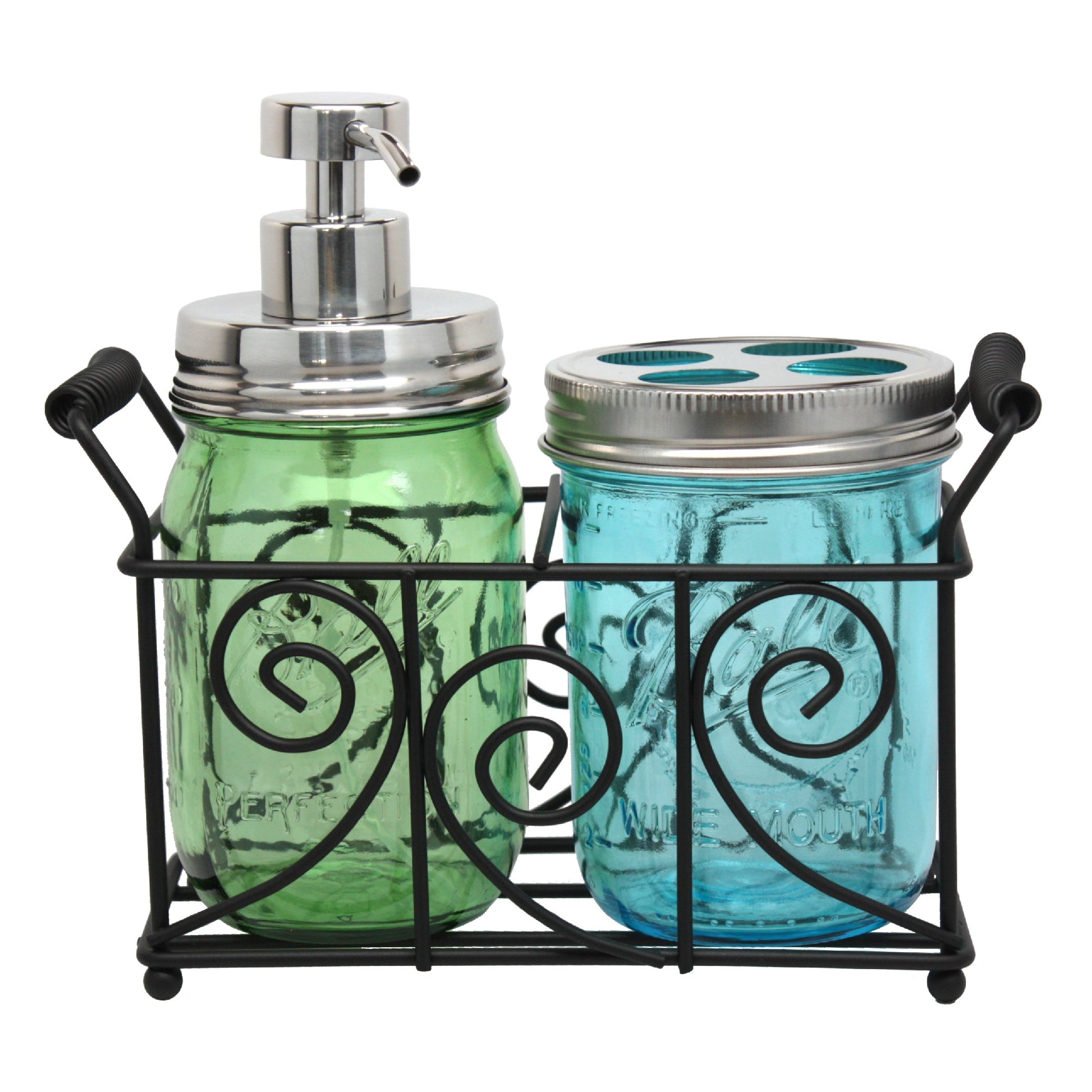The Mason Jar Lifestyle Swirl Black Metal Caddy holds two pint mason jars—one green with a silver pump, one blue with a perforated lid. With swirl designs and handles, it’s perfect as a soap dispenser rack or toothbrush holder.