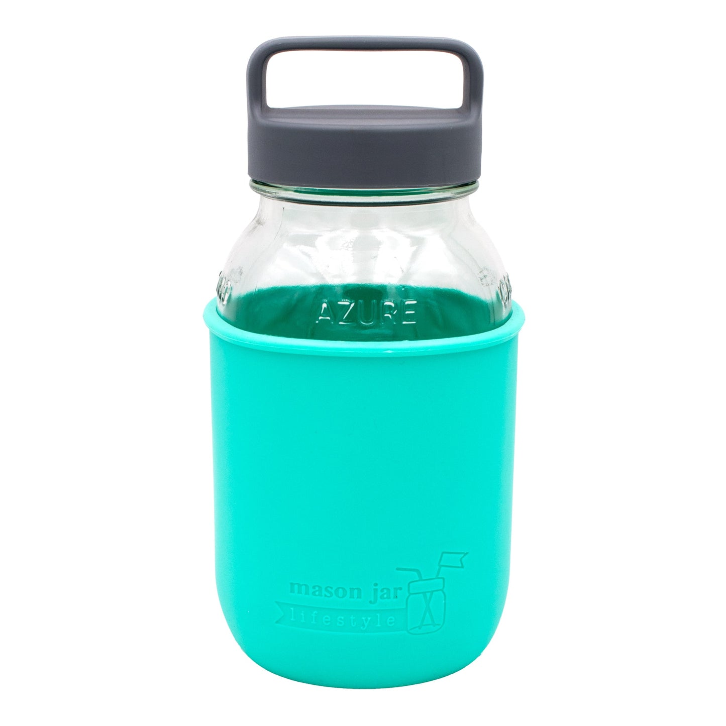 Aqua blue Mason Jar Lifestyle 32oz glass water bottle with silicone sleeve, carry handle, and gray canister lid.