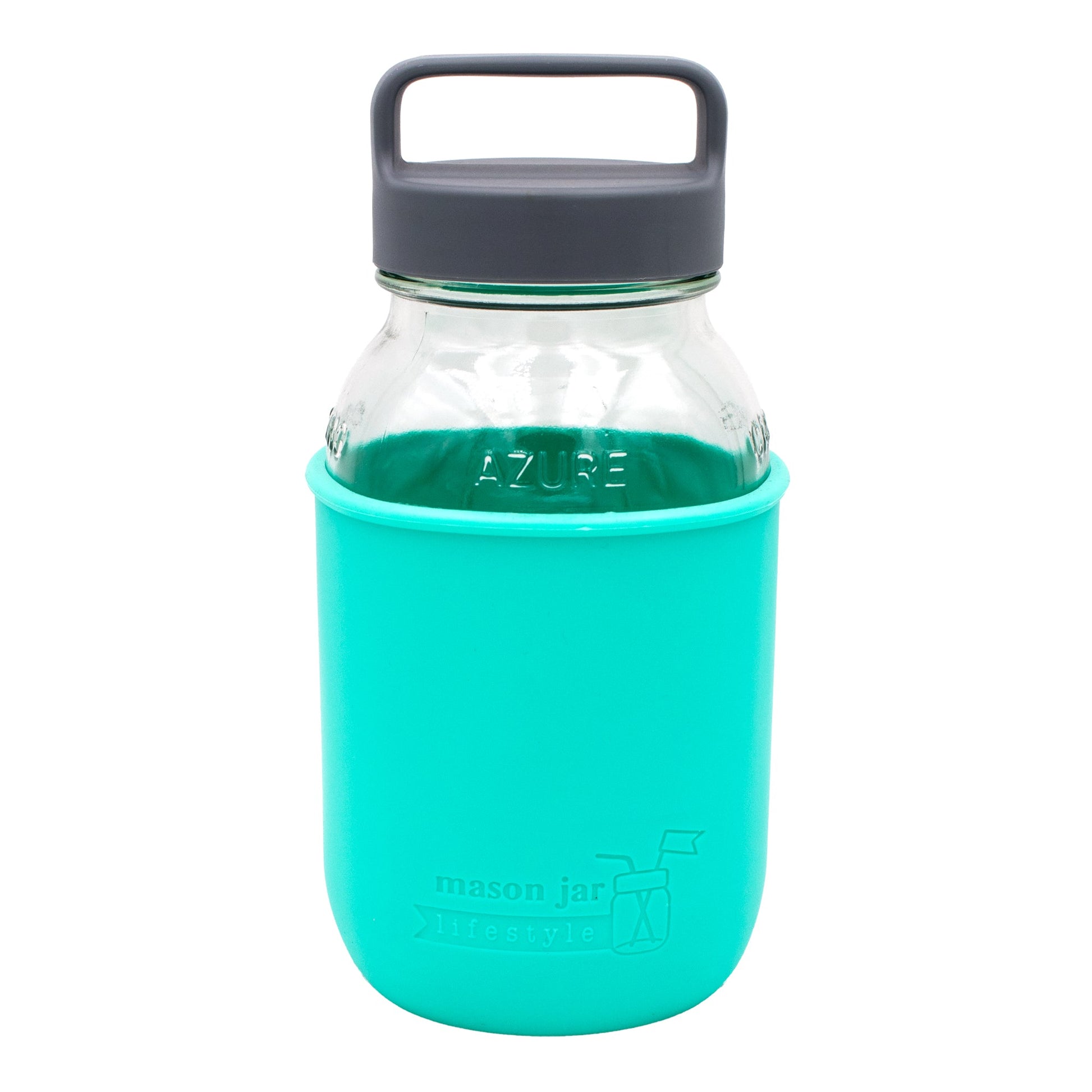 Aqua blue 32oz Mason Jar Lifestyle glass water bottle with silicone sleeve and carry handle on gray lid
