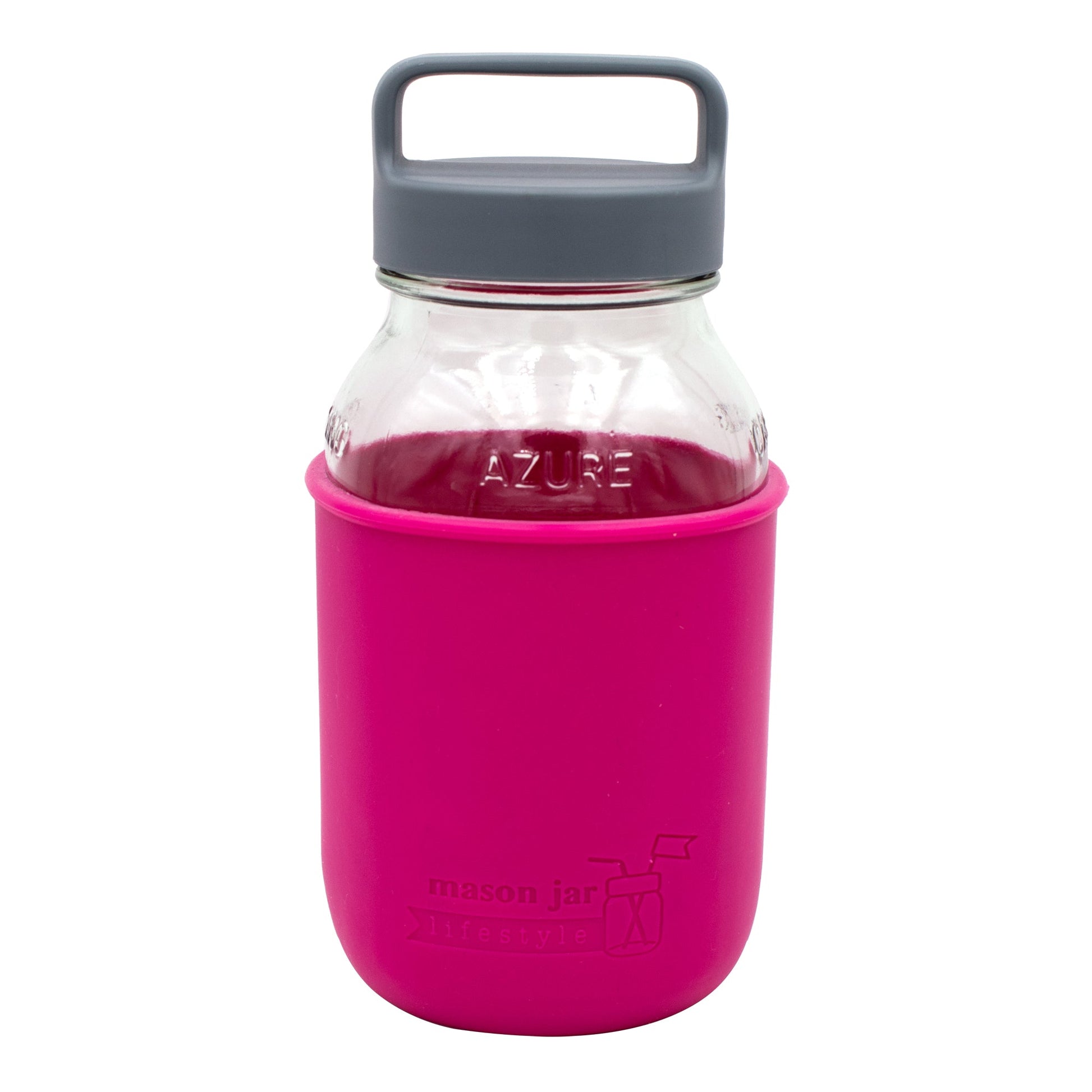 Pink and blue Mason Jar Lifestyle 32oz glass water bottle with silicone sleeve, carry handle, and gray canister lid.