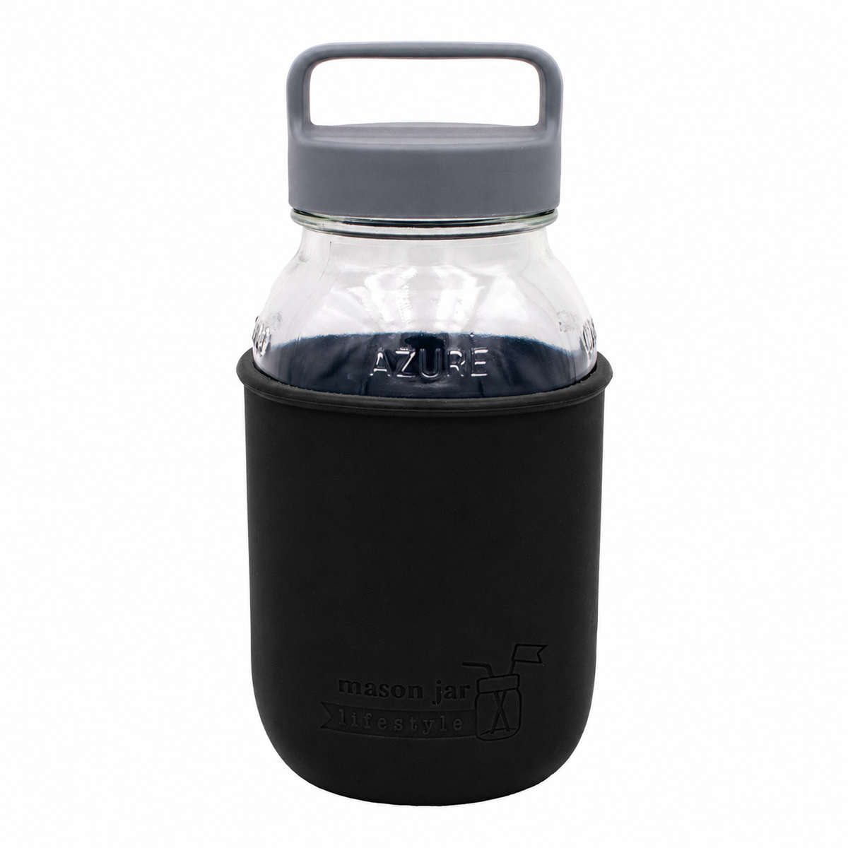 32oz Mason Jar Lifestyle glass water bottle with black silicone sleeve, handle, and gray canister lid, designed for portable hydration.