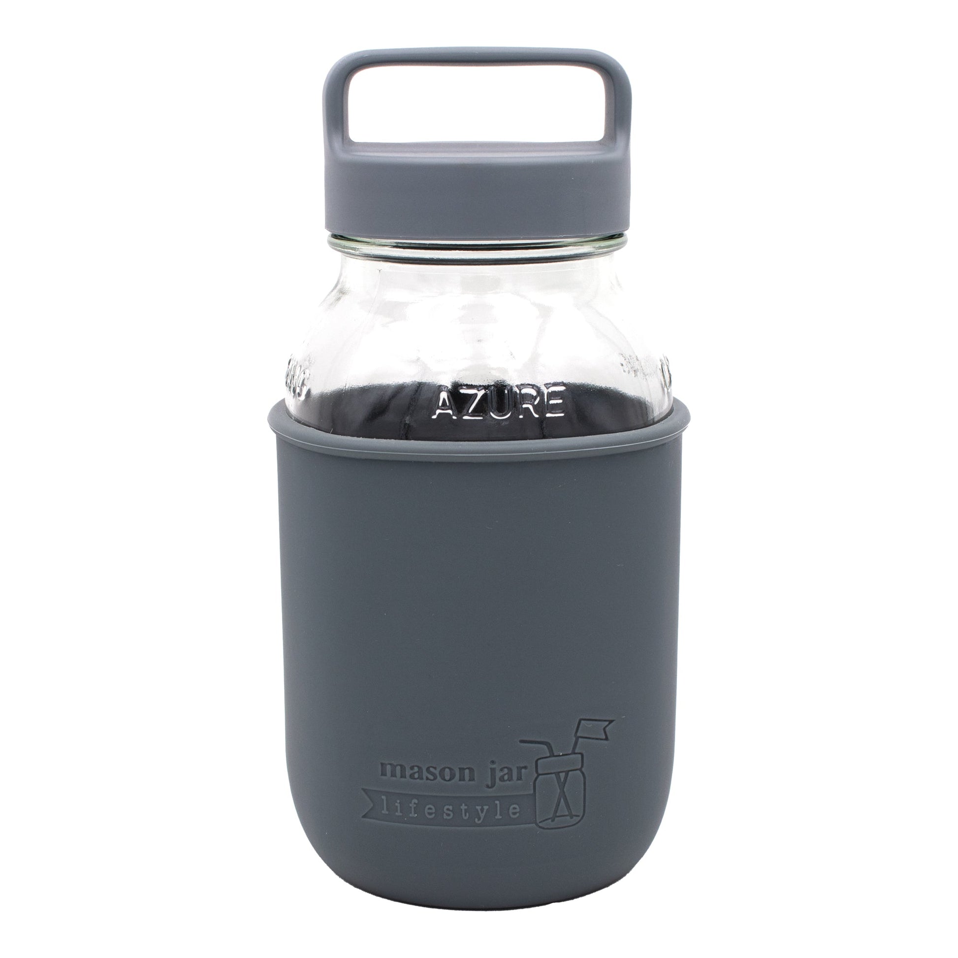 Mason Jar Lifestyle 32oz glass water bottle with charcoal gray silicone sleeve, carry handle, and clear jar with lid.