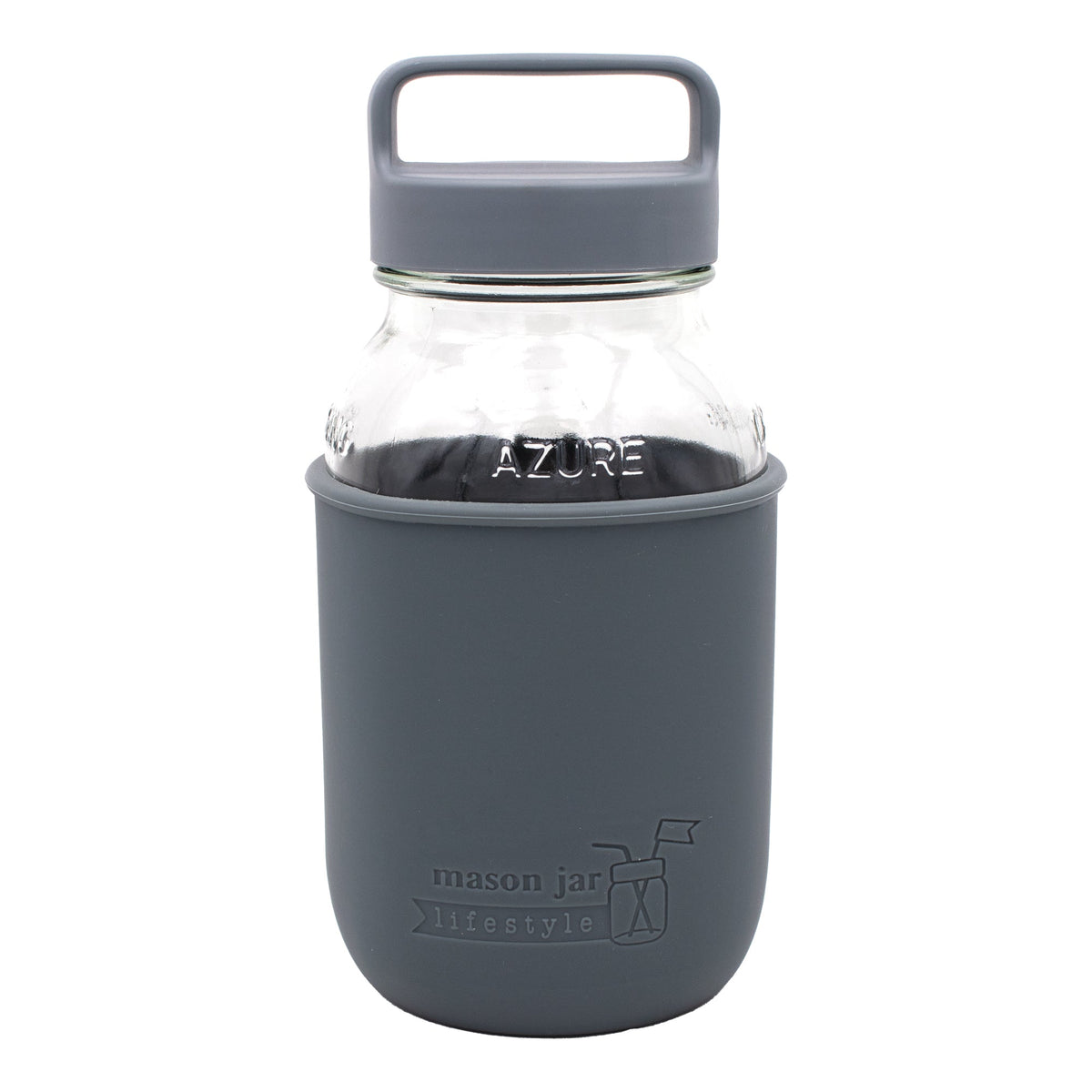 Mason Jar Lifestyle 32oz glass water bottle with charcoal gray silicone sleeve, carry handle, and stainless steel lid.
