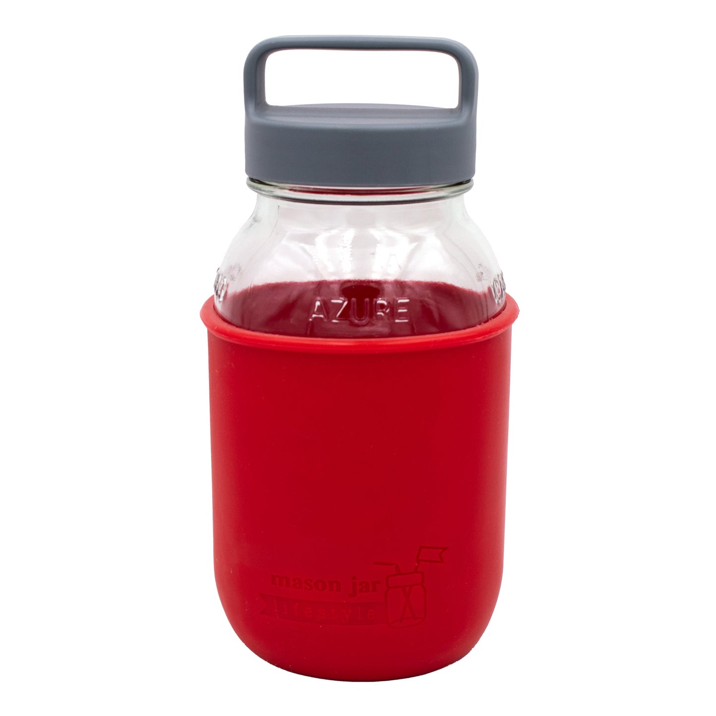 Mason Jar Lifestyle 32oz glass water bottle with red silicone sleeve, carry handle, and gray lid, designed for hydration and style.