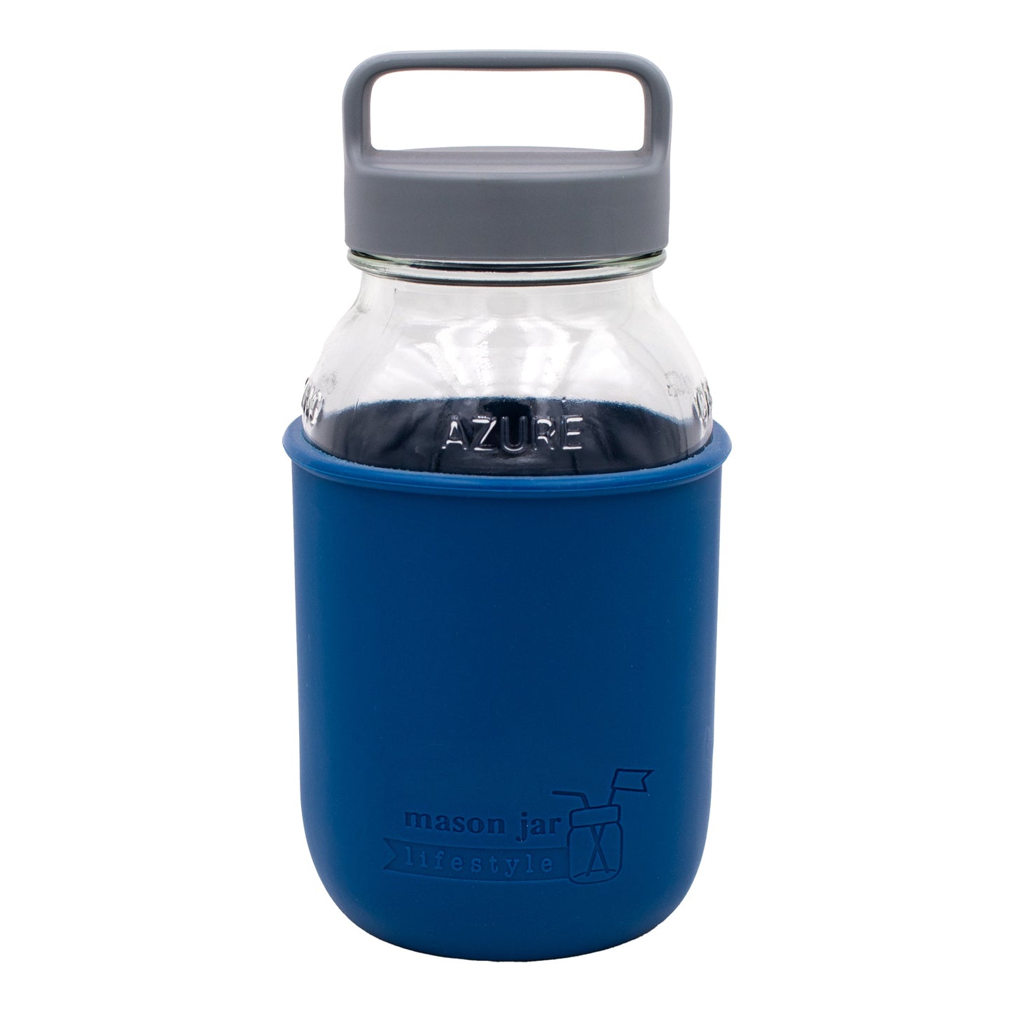Deep blue Mason Jar Lifestyle 32oz glass water bottle with silicone sleeve, carry handle, and gray canister lid on a white background.