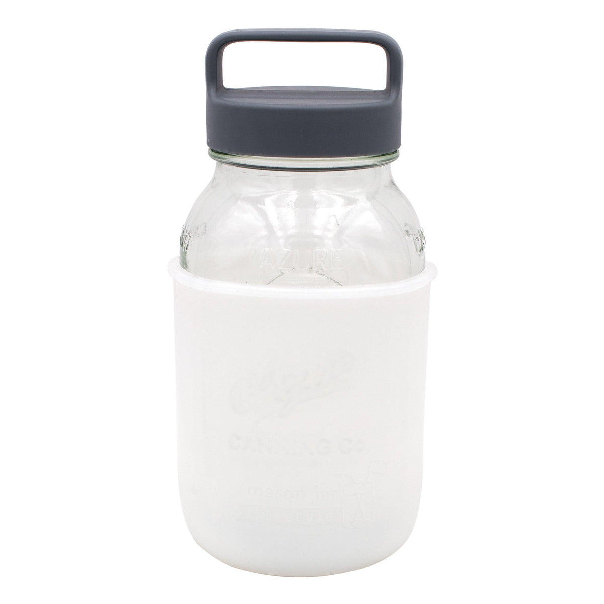 Frosted azure 32oz Mason Jar Lifestyle glass water bottle with silicone sleeve, carry handle, and gray canister lid.